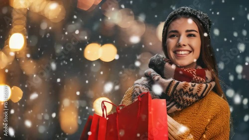 Winter Joy: A woman smiles while holding shopping bags in falling snow, illuminated by soft, warm lights. Festive mood, perfect for the season of giving.