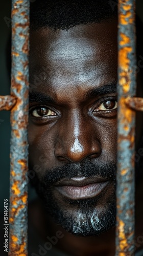 Intense gaze of a man behind rusty bars, reflecting struggle and resilience in a confined space