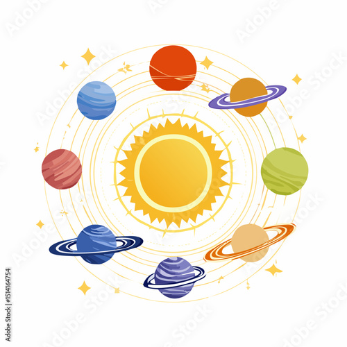 Planet alignment diagram with orbit paths around the sun in vector style.