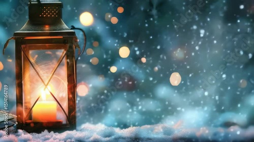 A glowing lantern sits on a bed of snow, casting a warm light against a soft, winter backdrop. Magical, nostalgic, and festive.
