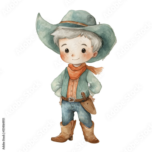 Charming watercolor illustration shows cute cowboy, radiating joy and playfulness in his attire, ready for delightful adventure