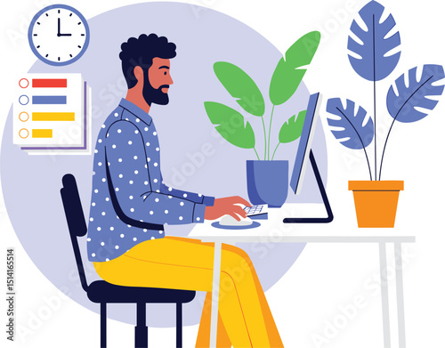Work on the computer concept. Vector cartoon illustration of a young black man who performs the tasks assigned to him while working on a computer. Isolated on white