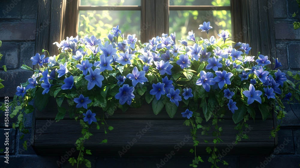 Fototapeta premium Sunlit Blue Flowers Window Box with Spring Blooms.