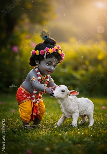 Adorable Baby Krishna with Lamb Divine Blessing Lush Garden Photo