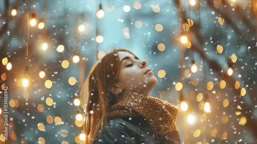 Woman looking up at falling snow and lights, enjoying a winter wonderland moment. The warmth from her scarf contrasts with the cool winter air.