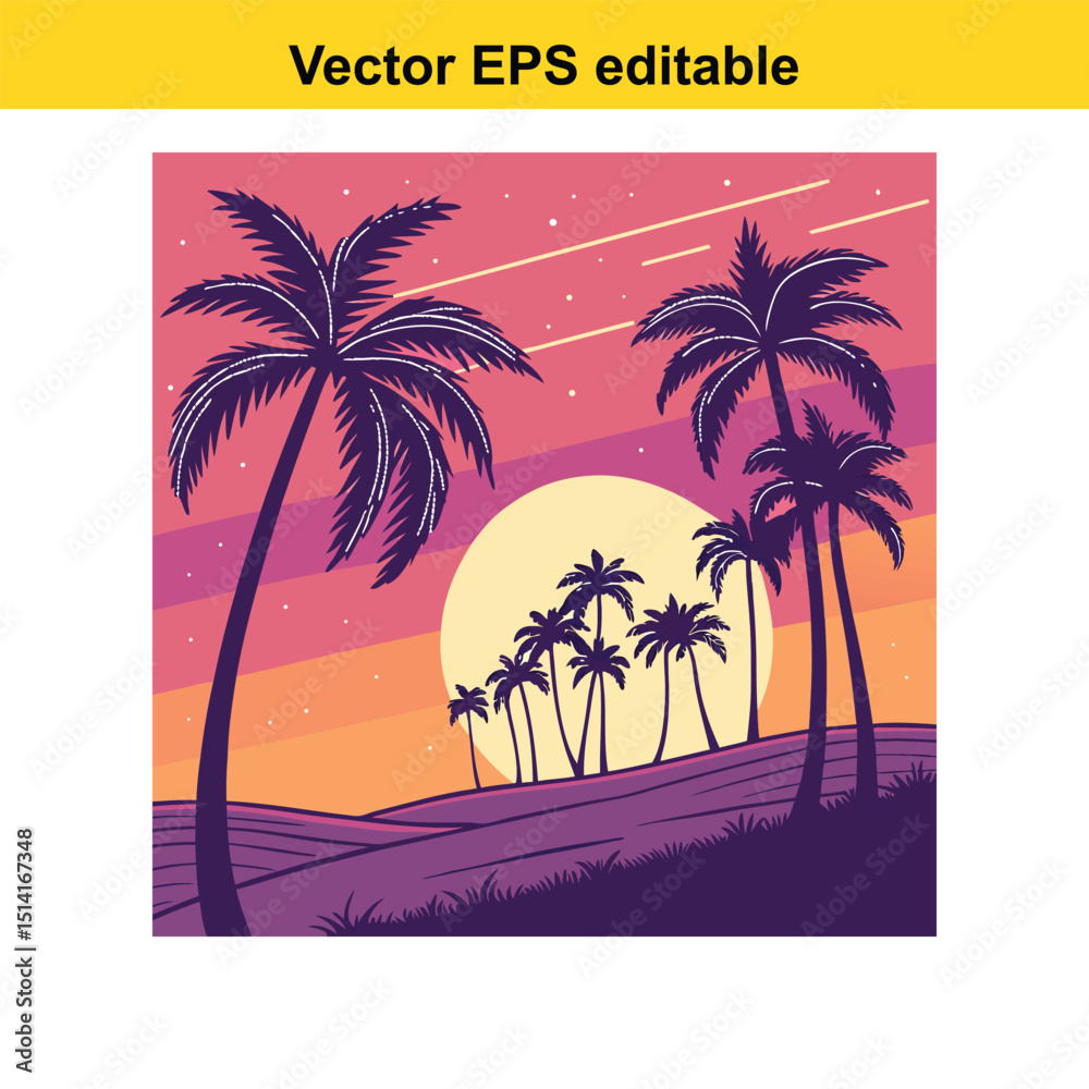Fototapeta premium Sunset Palm Trees Silhouette Tropical Landscape Vector Illustration