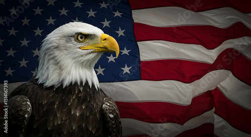 Patriotic American Symbol Bald Eagle with Flag photo