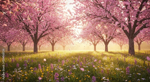 Beautiful Spring Blossom Tree Meadow Landscape Nature Background