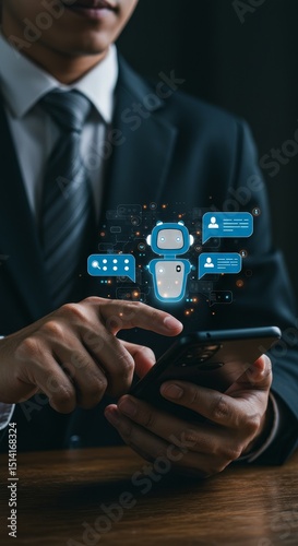 AI Chatbot Man Using Mobile Phone in Suit for Digital Assistant