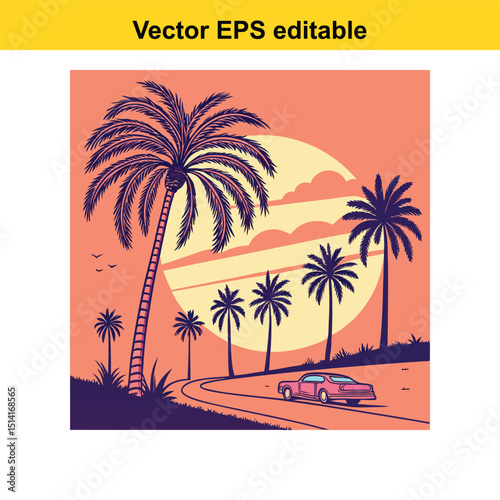 A Pink Classic Car Drives on a Scenic Coastal Road at Sunset