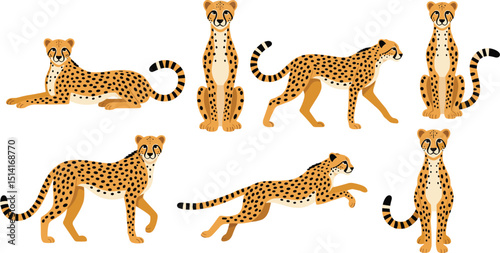 Cheetah collection. Vector illustration of cartoon cheetah in various actions: lies, sitting, standing, walking, and running. Isolated on white