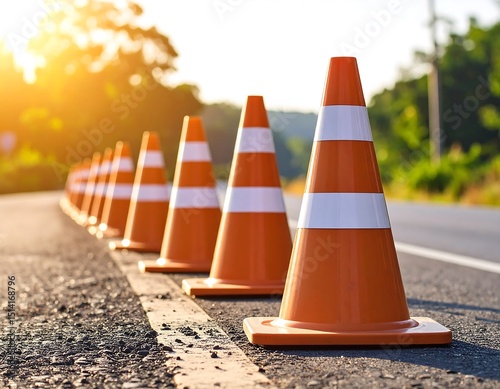 Road cones lined up on asphalt