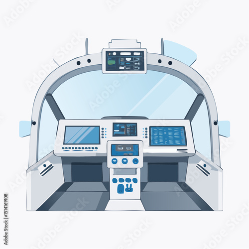 Spaceship cockpit control deck with futuristic panels and display screens.