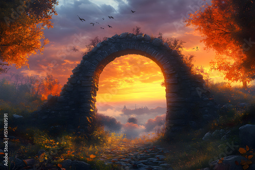 Enchanted archway in mystic landscape at sunset photo