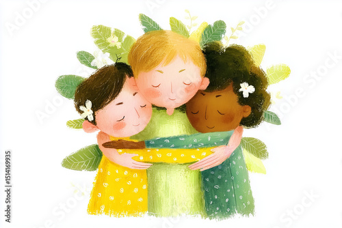 Watercolor illustration of three diverse children hugging each other with closed eyes and peaceful expressions. Surrounded by greenery, they radiate empathy, warmth and care 