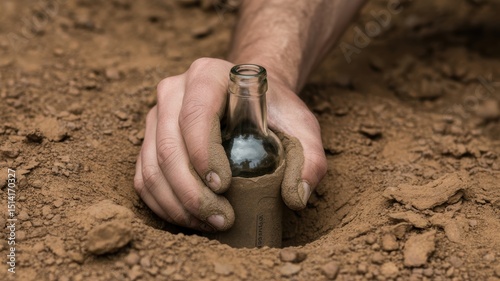 Hands of caucasian male adult burying glass bottle in brown soil outdoors