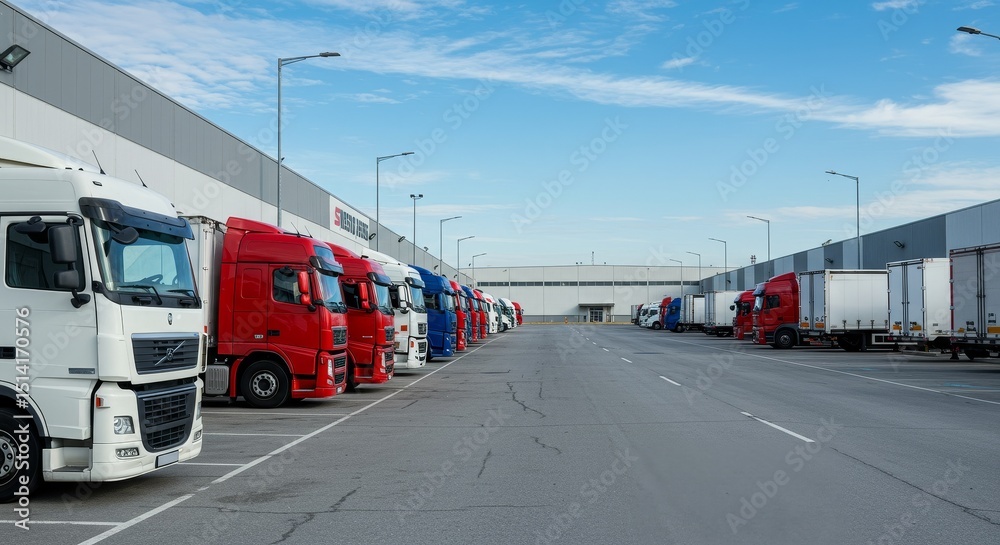 Fototapeta premium Commercial Photo of Truck Fleet Blue Sky Delivery Transport Logistics