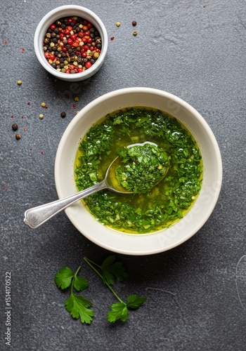 Close View Fresh Chimichurri Sauce In Bowl With Herbs And Spoon