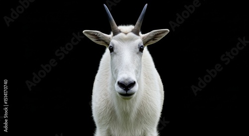 Close Up Portrait of a Wild White Mountain Goat Isolated On Black