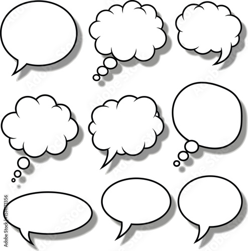 Collection of empty speech bubbles and thought clouds in black outline with shading for communication