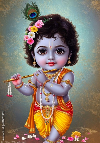 Cute Krishna Illustration Baby God with Flute Divine Hindu Deity