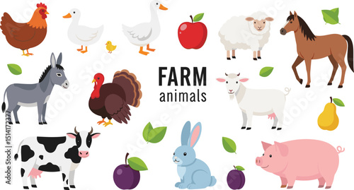 Vector collection of farm animals and birds in trendy flat style, including horse, cow, donkey, sheep, goat, pig, rabbit, duck, goose, turkey and chicken, isolated on white