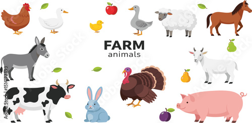 Vector collection of farm animals and birds in trendy flat style, including horse, cow, donkey, sheep, goat, pig, rabbit, duck, goose, turkey and chicken, isolated on white
