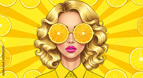 Pop Art Woman with Orange Slice Sunglasses and Lemon Background