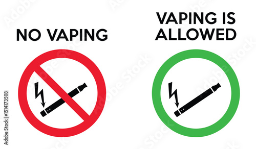 Stop vaping, electronic cigarette in prohibition red circle. Vaping area, electronic cigarette in green sign. Set of two icons isolated on white background. Stop unhealthy habit, No smoking Vector