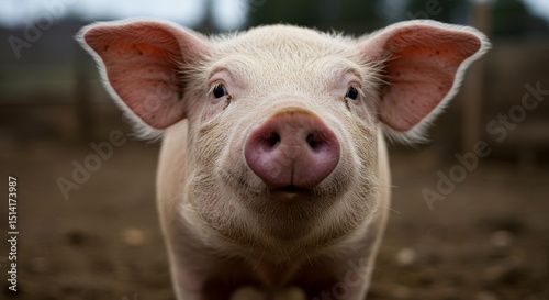 Close Photo a Cute Pig Animal Face with Pink Snout