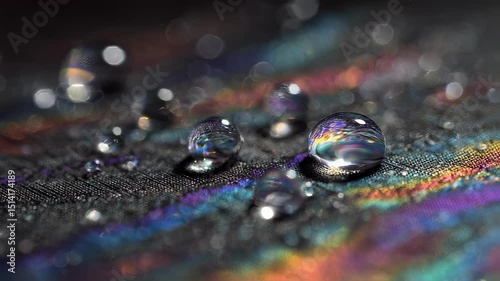 Water droplets maintaining spherical shape on vibrant waterproof fabric, revealing stunning hydrophobic properties through iridescent reflections and surface tension