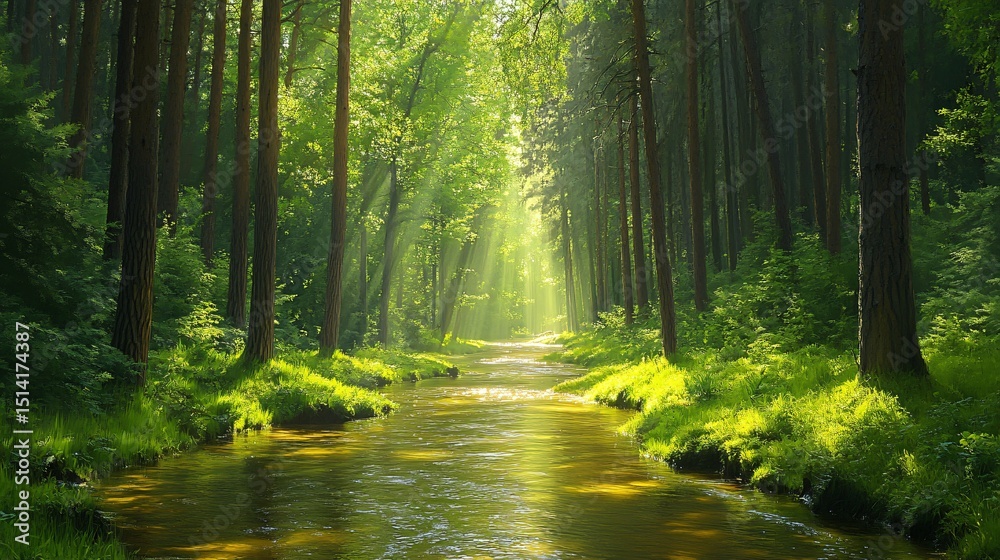 Fototapeta premium Sunlit Forest Stream.