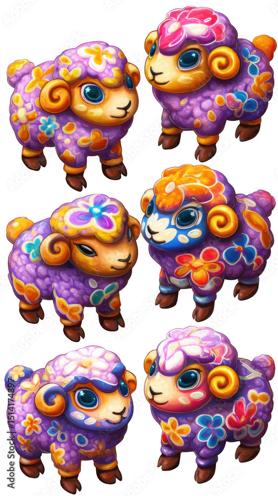 Fototapeta premium Colorful toy sheep illustrations with intricate floral patterns