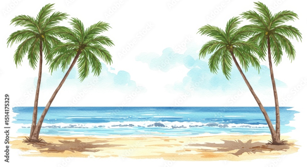 Fototapeta premium Illustration Beach with Palm Trees Seaside Tropical Paradise Scene