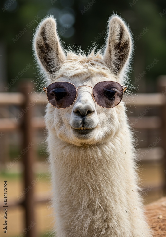 Obraz premium Funny Llama Photo Wearing Sunglasses a Cute Animal Portrait Close-up