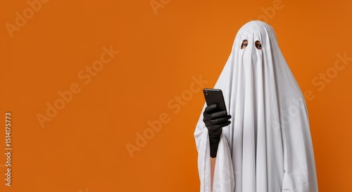 Funny Ghost Photo Halloween Costume With Phone On Orange Background