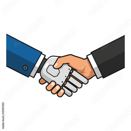 A bluesuited hand shakes a gray robotic hand wearing a black suit in a business handshake