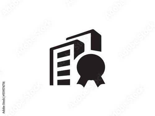 The image depicts a building with a certificate or award ribbon icon in a minimalist black vector style