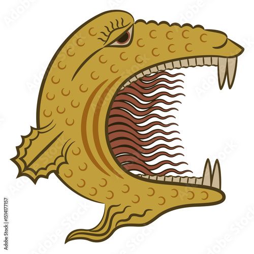 Head of fantastic monster with open mouth, sharp fangs and burning fire. Medieval European design. Isolated vector illustration.