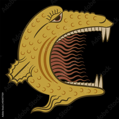 Head of fantastic monster with open mouth, sharp fangs and burning fire. Medieval European design. On black background.