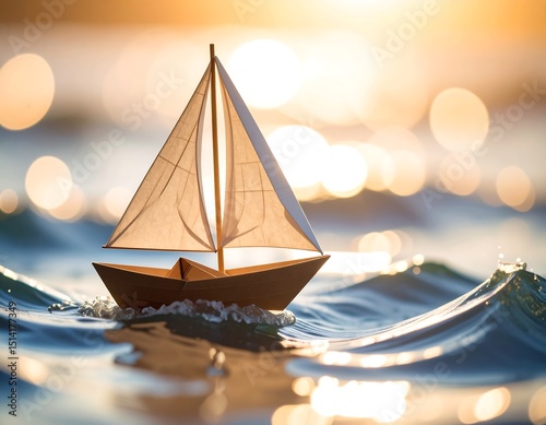 Wooden sailboat on water at sunset