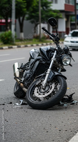 Crashed Black Motorcycle Accident On Street Aftermath Scene