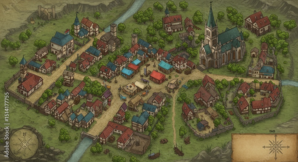 Fototapeta premium Illustration Ancient Medieval Town Map Detailed Urban Cartography Graphic