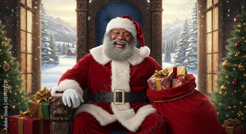 Illustration African American Santa Claus in Red Festive Winter Scene