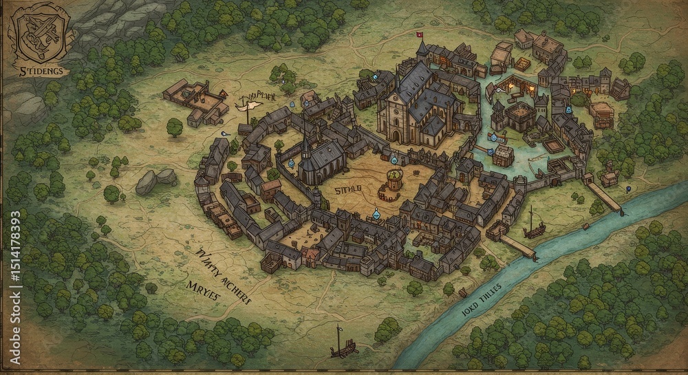 Fototapeta premium Illustration Old City Detailed Ancient Town Map Topography