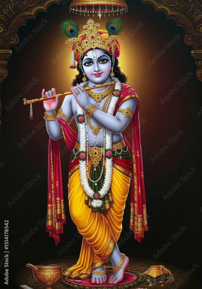Fototapeta premium Illustration of Krishna Divine God with Flute Peacock Feather Crown