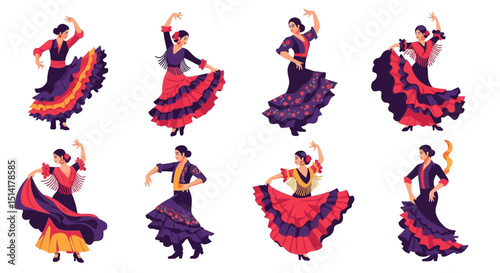 Eight Flamenco Dancers in Traditional Dresses Posing with Grace