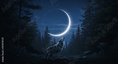 Illustration Howling Wolf Under Crescent Moon a Starry Night Forest