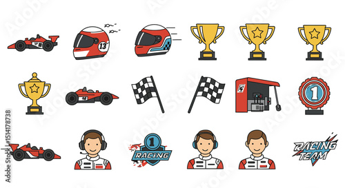 Racing themed icons featuring cars helmets trophies flags and team members