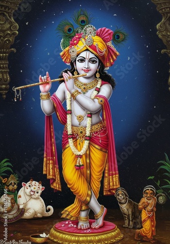 Illustration of Lord Krishna Playing Flute with Divine Adornments